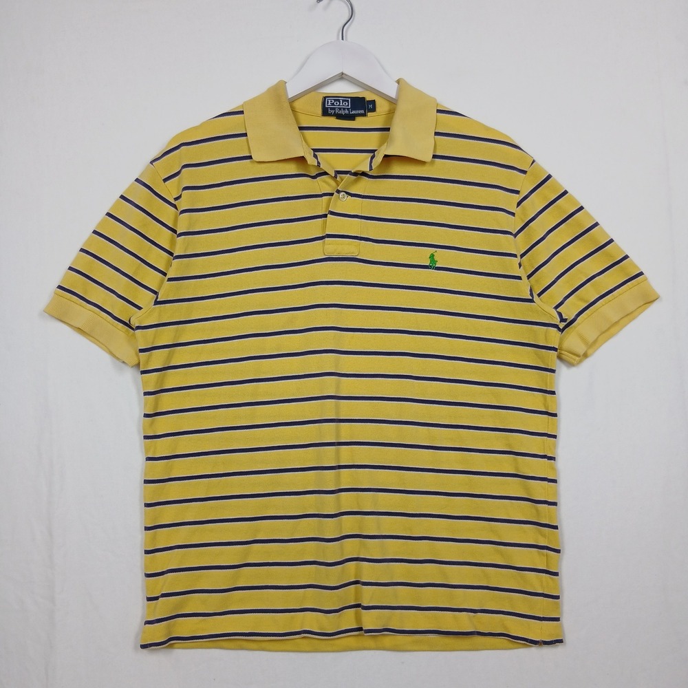 Polo Ralph Lauren Mens Medium Yellow Navy Blue Striped Short Sleeve Polo Shirt